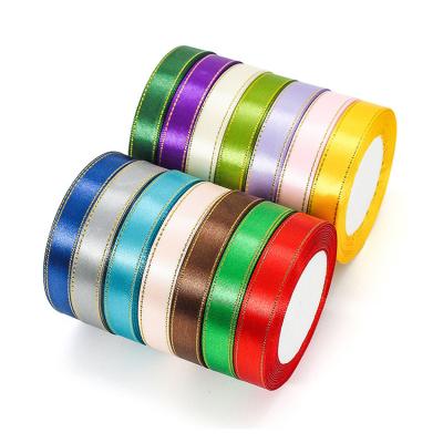 China Viable Wholesale Customer Logo 15mm Gold Edge Colorful Polyester Ribbon Decoration Ribbons For Packaging for sale