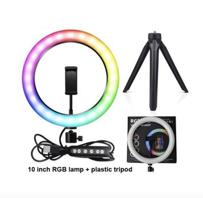 China 18kinds of lighting color models/15 combinations of MJ26 Selfie light effects fill light rainbow RGB Coloful Live Streaming Ring Light 10 inch 19CM tripod stand for sale