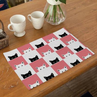 China Best price stocked cotton and table mat cartoon cat canvas pattern and grid pattern for sale