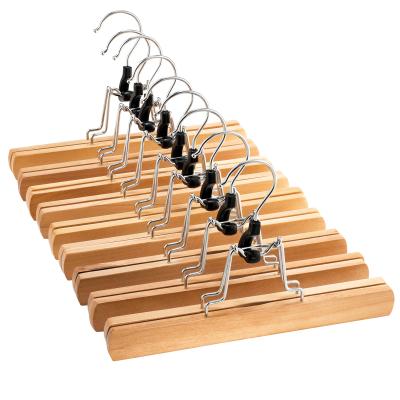 China Traditional High Grade Wooden Trouser Hangers With Clips Non Slip Skirt Hangers Clamps Hangers for sale