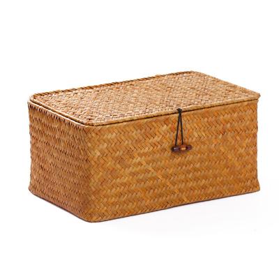 China BasketBrown Sustainable Storage Rattan Rectangular Makeup Container Organizer With Lid Plant Plankton Handwoven Box for sale