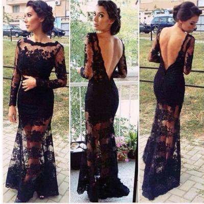 China Anti-wrinkle black lace women's wear backless embroidered elegant party ladies evening dress for sale