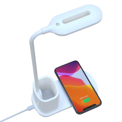 China Modern Dimmable Wireless Charger Led Desk Table Light Rechargeable Table Lamp With Pen Container for sale