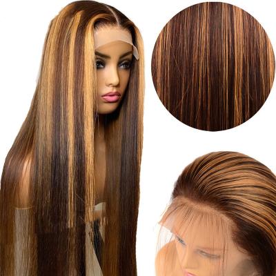 China Addictive Brazilian Hair Silky Straight Wigs Natural Wave Ombre Hair Highlight Brown Blonde Colored Brazilian Straight Hair HD T Part Lace Wig for sale