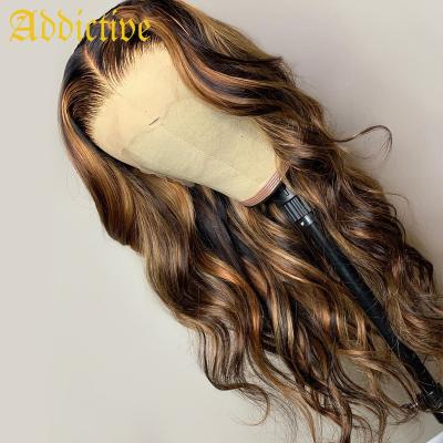 China Hot Sale Fast Shipping 100% Addictive Curly Highlight Body Wave Brazilian Hair Transparent Lace Wig 13x4 #4/27 Color for sale