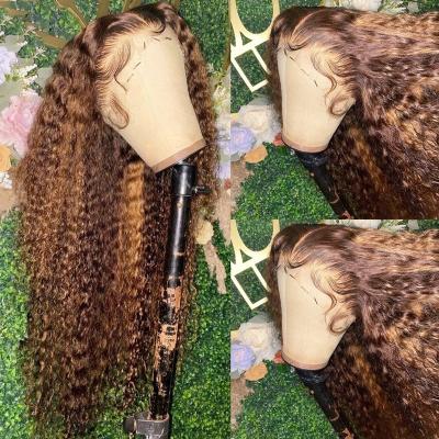 China Addictive Brazilian Deep Wave Wig Hair Highlight 4/27# Colored Wigs Hair Deep Wave Lace Wig 100% Transparent Glue With 13*4 Headband for sale