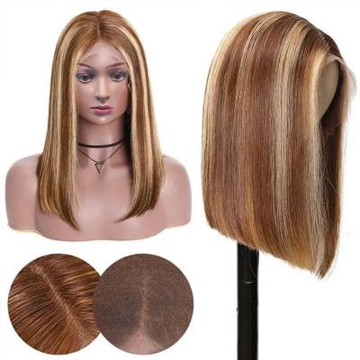 China Addictive Blonde Silky Straight Wave Ombre Hair 4/27 Highlights Bob Wig With Closure 13x4 Bob Wig Remy Short Lace Frontal Wig Pre Plucked for sale