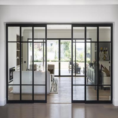 China Modern European Luxury Interior French Frame Black Aluminum Glass Room Interior Metal Patio Sliding Door Metal Patio Homes Sliding Doors With Grill for sale