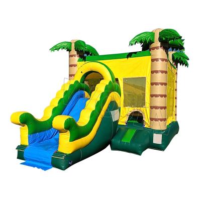 China Popular PVC Palm Tree Inflatable Bouncy Castle Combo Wet Dry Slide With Pool for sale