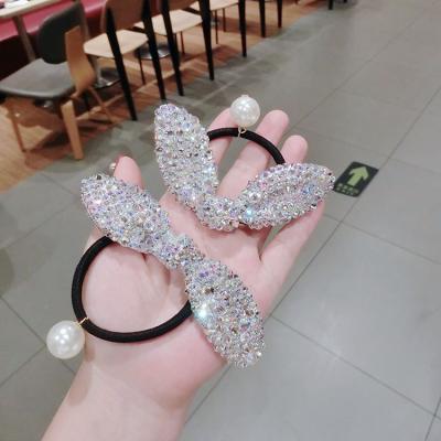 China High Quality/Factory Source Shiny Crystal Rhinestone Bow Rabbit Ears Hair Rings Bead Ponytail Holder Hair Dangle Scrunchies For Women Girls for sale