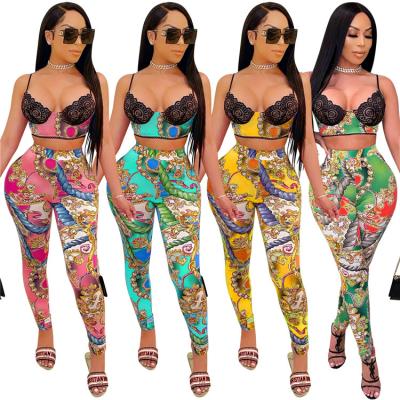 China New summer women's breathable lace set sexy V-neck casual top with long panty set two-piece set fashion printing tracksuit for sale