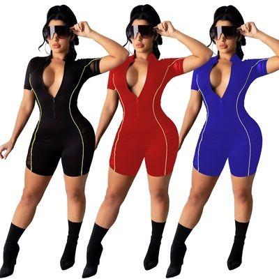 China 2021 Summer New Women Mesh See Through Short Jumpsuit Ladies Patchwork Sleeve Women Jumpsuit Breathable Short Zipper O-Neck Short Romper for sale