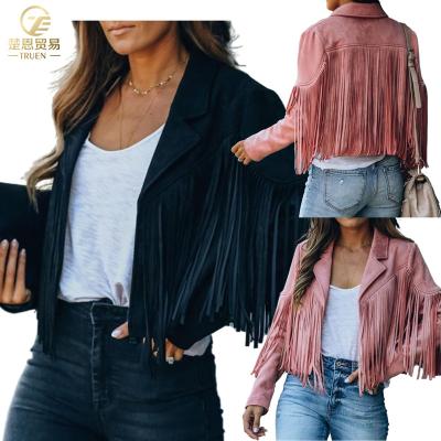 China 2021 Fashion Faux Suede Jacket Women Autumn Ladies Jacket Breathable Motorcycle Lapel Solid Handsome Fringe Short Slim Coat Women Jackets for sale