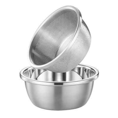 China Logotipo personalizado Cuchillero de cocina versátil 304 de acero inoxidable Microporous Colander Cuenco de lavado de arroz Conjunto 550g en venta