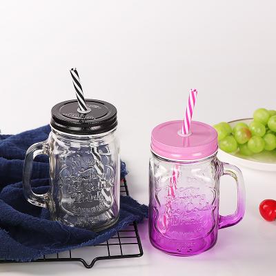 China Custom Glass Mugs 500ml Clear Mason Glass Water Juice Cola Cup With Straw And Lid for sale