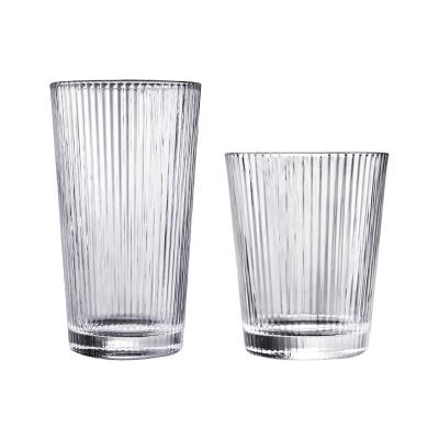 China Hot Selling Vertical Stripes Factory Wholesale Handmade Juice Milk Cocktail Bar Glass Driking Mug with Gold Rim for sale