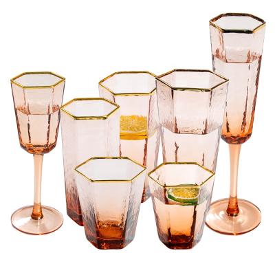 China Amazon Top Sale Hexagon Gold Rim Wine Champagne Goblet Drinking Glass CLASSIC for sale