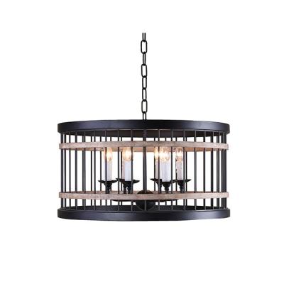 China Art Decor Wholesale 180w led industrial vintage lighting round pendant cage wood black iron led pendant light for sale