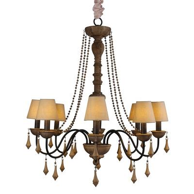 China Wholesale Modern Decorative Modern Factory Fabric Shade Pendant Lamp Antique Rustic Wood Chandelier Large for sale