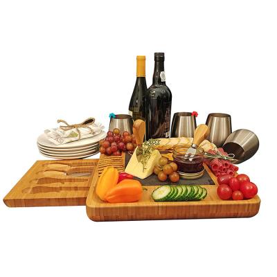 China Amazon Hot Eco-Friendly Bamboo Cutting Board With Solid Wood Handle Stove Top Bamboo Serving Tray With Knifes Set for sale