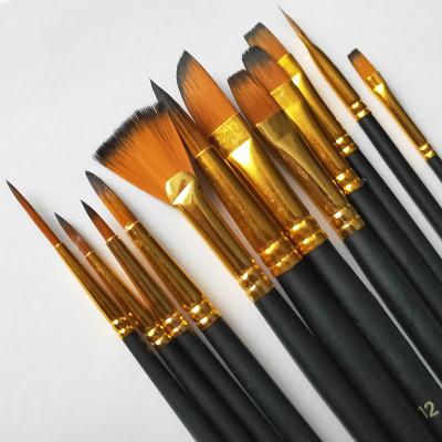 China Acrylic Watercolor Painting 12 Different Tips Sizes Black Colors Wooden Handle Acrylic Brush for Students, Kids and Artist for sale