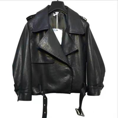 China New J&Y Waterproof Women Spring Basic Autumn Black Faux Leather Jackets Zipper Coat Turn-Down Collar Motor Biker Jacket With Belt for sale