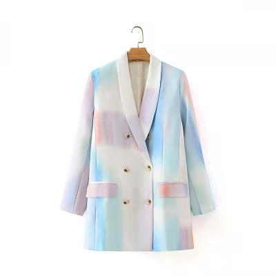 China 2021 Latest Rainbow Anti-Wrinkle Chalk Fruit Graffiti Collar Blue Cross Tie Dye Blazer Western Top Trend Women Clothing for sale