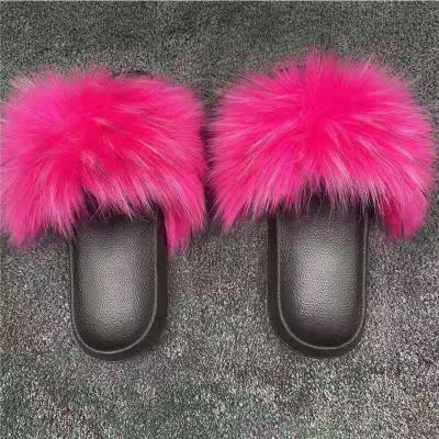 China 2021 Fashion Trend Women's Wholesale Fluffy Plush Slippers Summer Faux Fox Raccoon Fur Outdoor Slides for sale