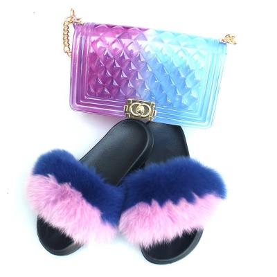 China Wholesale Fashion Trend Fur Slide Jelly Bag Multi Fancy Color Full Shoes Ins Real Fox Fur Slippers Warm Fox Fur Slides With Purse Set for sale