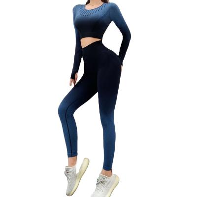 China Autumn and winter waterproof gradient color long sleeved yoga suit women snug hip fitness sports lifting running suit for sale