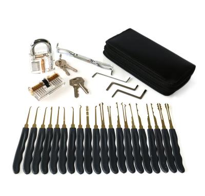 China Locksmith Supplies 24pcs Locksmith Practice Pick Tools Set With 2pcs Clear Practice Lock for sale