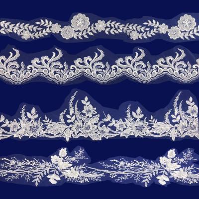 China Sustainable Flower Mesh Embroidered Lace Beaded Applique With Sequins DIY Lace Fabric Trim For Clothes for sale