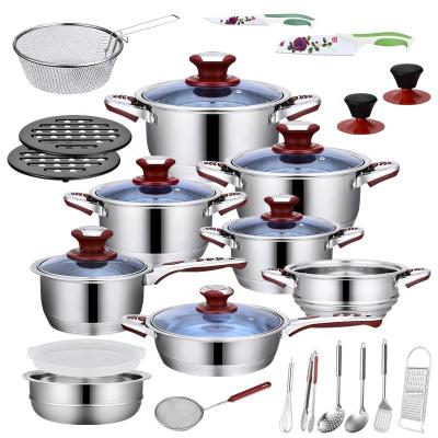 China Best Viable Price Manufacturer 25pcs Stainless Steel Cookware Sets Cooking Pans Pots Nonstick Logo OEM Custom Color Red for sale