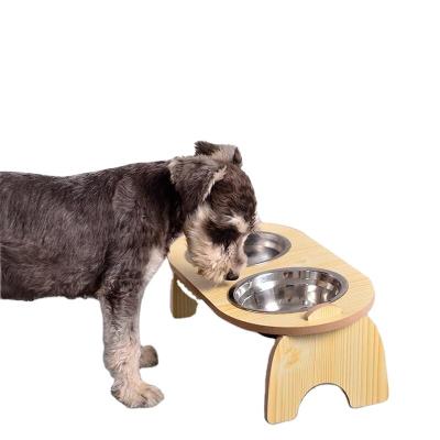 China Sustainable Height-Adjustable Dog Cat Feeding Bowls Bamboo Wood Pet Feeder Bowls Holder for sale