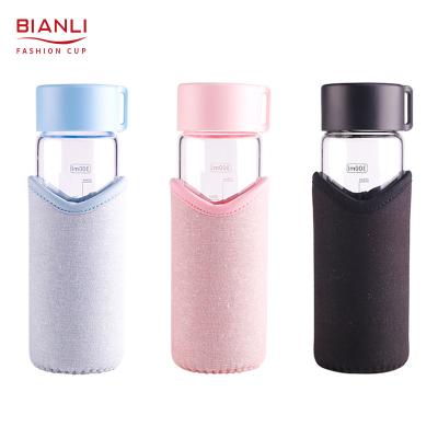 China Wholesale 300ml High Quality Custom Stocked Recycled Borosilicate Multicolor Clear Sports Glass Water Bottle for sale