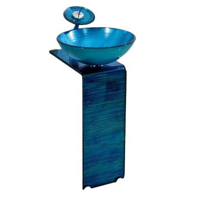 China Eco-friendly Tempered Glass Cabinet Top Sink And Waterfall Faucet In BlueHL02 for sale