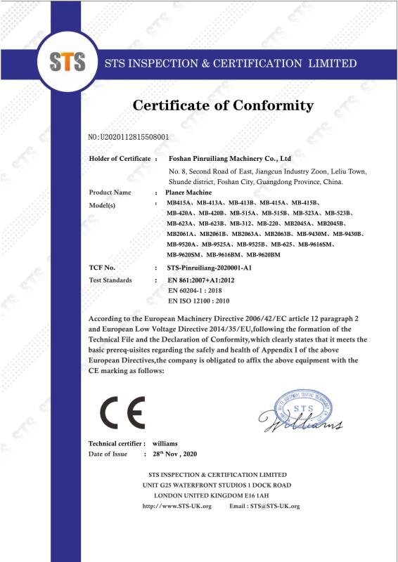 CE - Foshan Pinruiliang Machinery Co., Ltd.