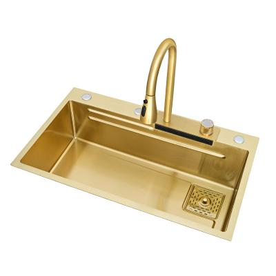 China With Faucet Modern Gold Grey Stainless Steel Kitchen Sink with Double Bowl Nano Tape Waterfall Design Square Shape 3 Function Sanitary Ware for sale