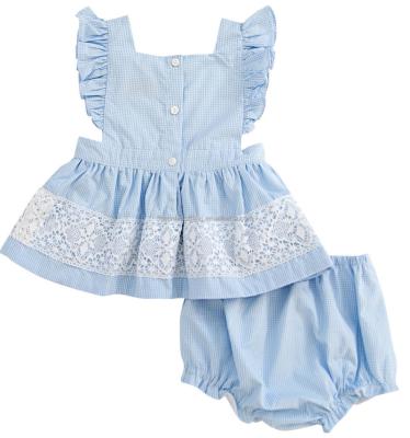 China Summer Girls Breathable Clothes Fold Beam Shorts Kids Outfits Shorts Plaid Lace Set Flutter Sleeve Skirt Kids Costume for sale