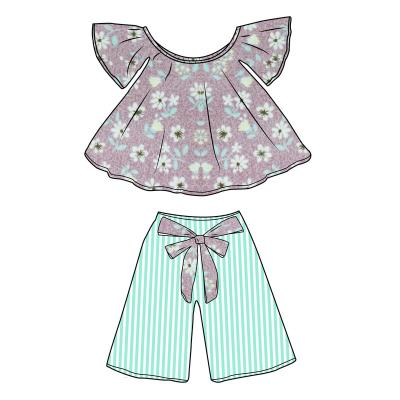 China Baby Plus Size Kids Bowknot Clothing Set Girls Floral Sleeveless Kids Wide Leg Pants Summer Set Boutique for sale