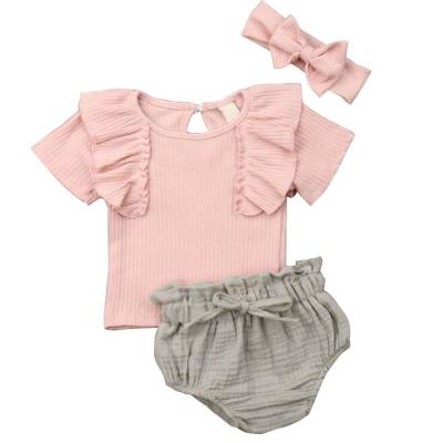 China 2022 New Children's Sustainable Clothing Baby Clothes Set Kids Shorts Children Girls Bows Headband Kids Babies Costume High Quality for sale