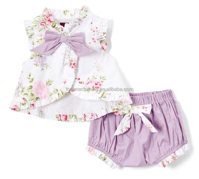 China 2022 hot sale boutique summer girls breathable clothes lace up pleat shorts kids outfit bow decoration sleeveless children suits for sale