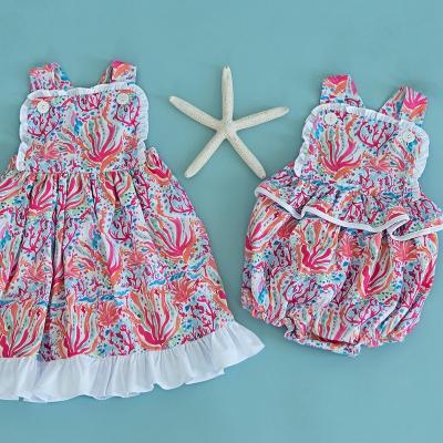 China 100% Cotton Summer Baby Clothes Coral Print Children's Skirt Button Waist Little Girl Pleated Sleeveless Rompers for sale