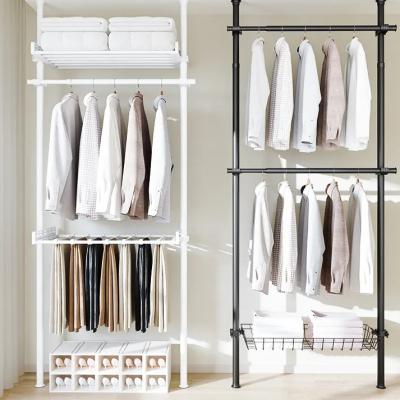 China Modern Custom Adjustable Pipes Clothing Rack Portable Metal Clothes Display Rack Mobile No Drill Clothes Rack for sale