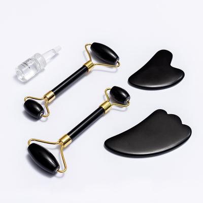 China Whitening Amazon Hot Sale Facial Massage Tools Obsidian Stone Jade Roller Gua Sha Set For Anti aging for sale