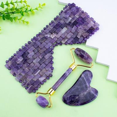 China Whitening High Quality 100% Natural Stone 3 in 1 Amethyst Jade Roller Gua Sha Jade Eye Mask For Facial Massage for sale