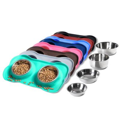 China Sustainable Stainless Steel 2 Dog Bowl Without Spill Mat + Silicone Non-Slip Pet Food Scoop Feeder Water And Food Bowls For Fe for sale