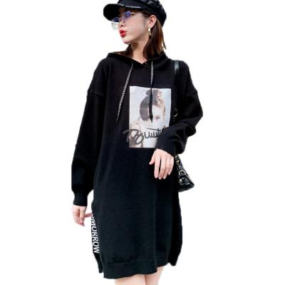 China Anti-wrinkle Autumn Winter Pullover Print Hooded plus size sweater dress fashion long knit sweater Hoodie for sale