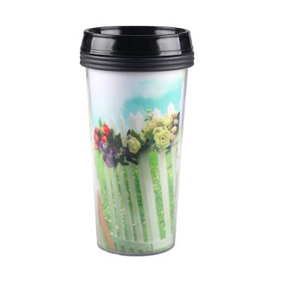 China Customized Sustainable Design Plastic Travel Cup Double Wall Tumbler Cups With Paper Insert for sale