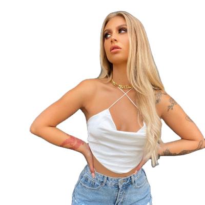 China Fashion Breathable Spaghetti Strap Satin Halter Crop Top White Lace Up Wrap Top Woman Crop Madame Silk Tank Top for sale